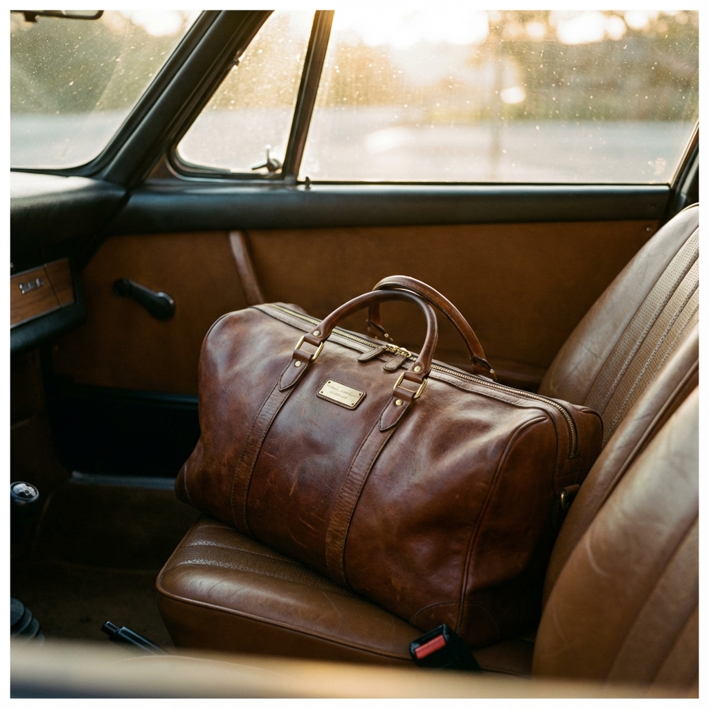 Leather weekender bag on vintage car seat